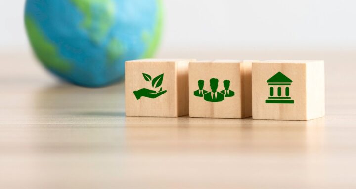 Three Elements for Business Development represented as wooden blocks with a globe behind it.